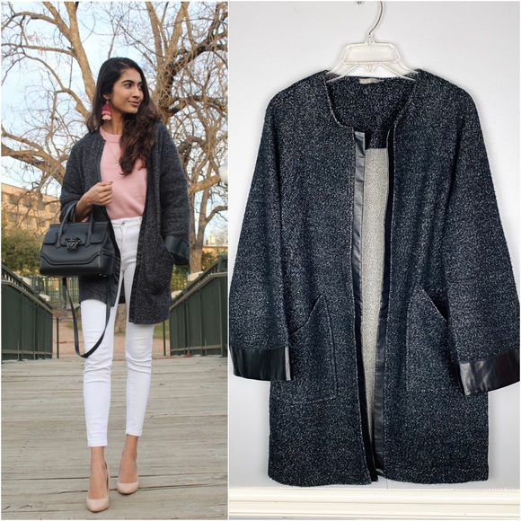 Zara Jackets & Blazers - Zara Boucle Open Front Sweater Coat Leather Trim